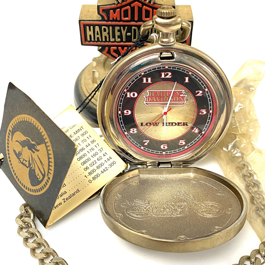 w074 vintage Franklin Mint Harley-Davidson Low Rider Pocket Watch & Eagle Stand