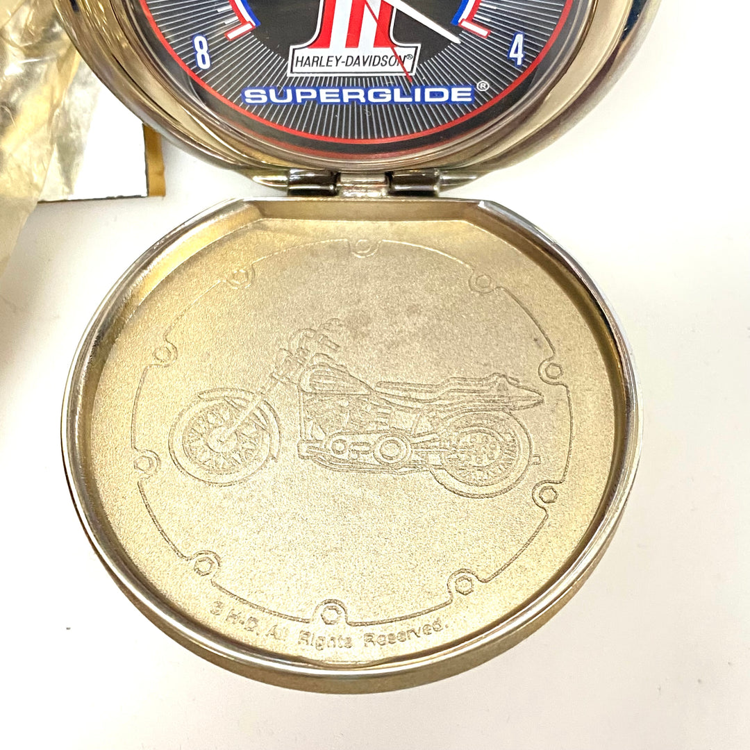 w075 Vintage Franklin Mint Harley-Davidson Superglide Collector's Pocket Watch &amp; Eagle Stand