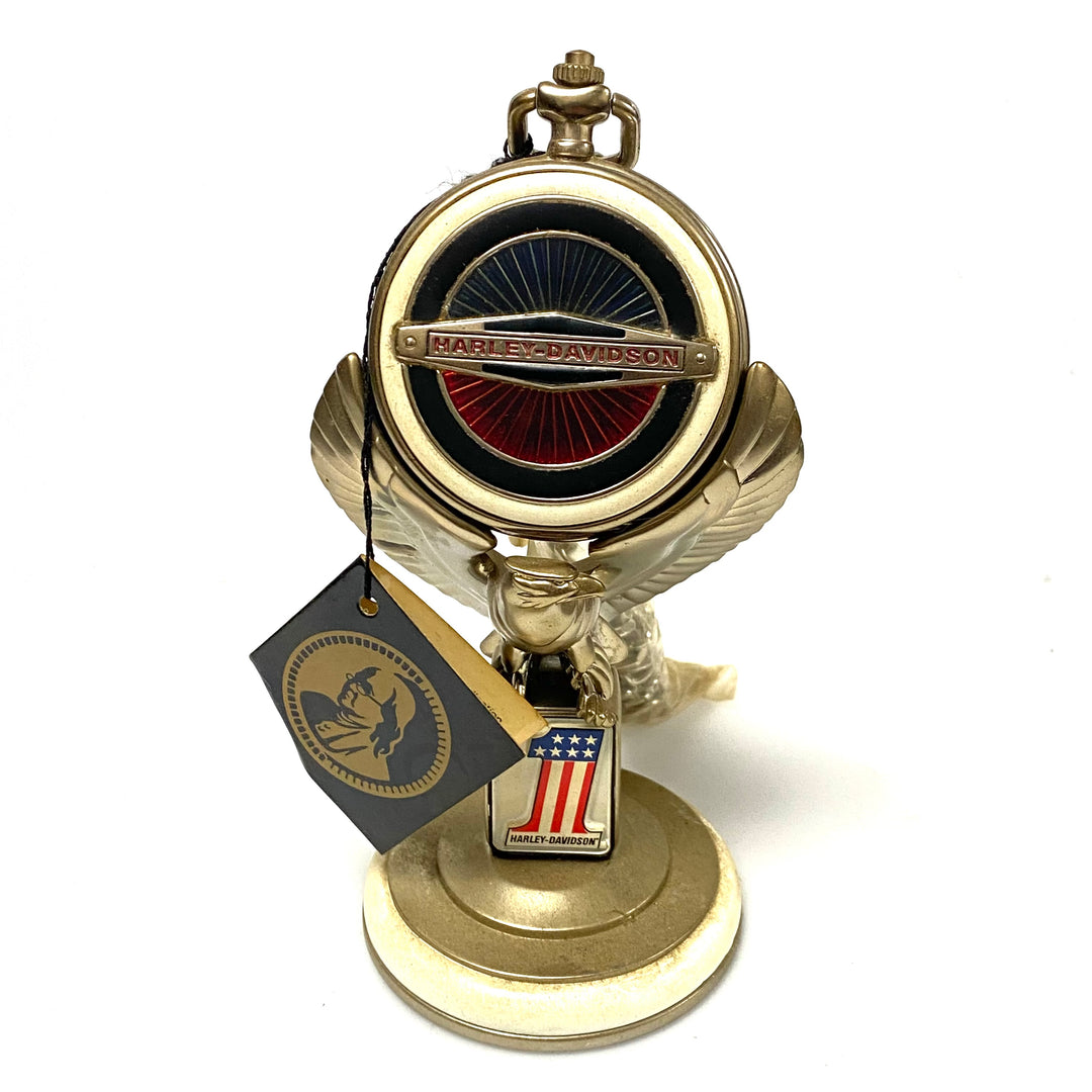 w075 Vintage Franklin Mint Harley-Davidson Superglide Collector's Pocket Watch &amp; Eagle Stand