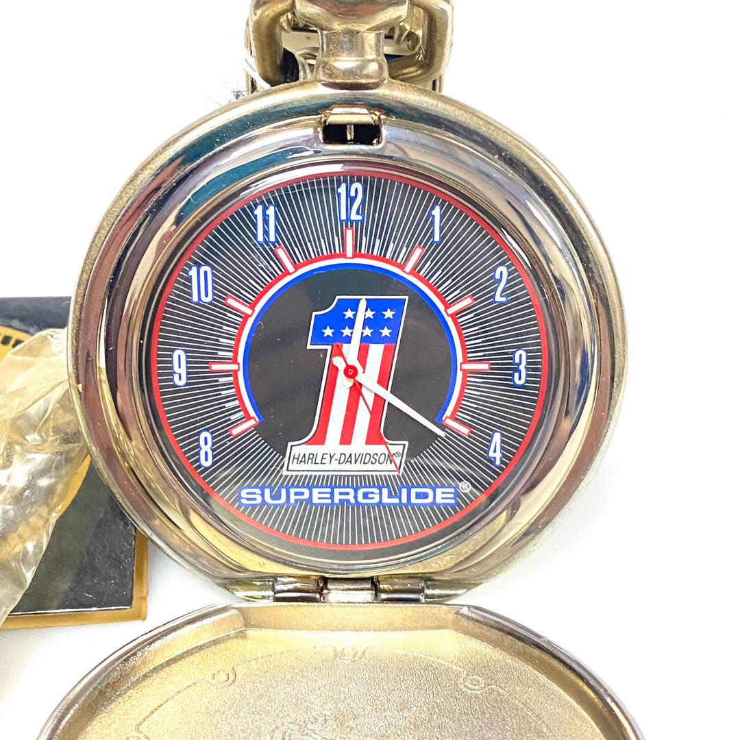 w075 Vintage Franklin Mint Harley-Davidson Superglide Collector's Pocket Watch &amp; Eagle Stand
