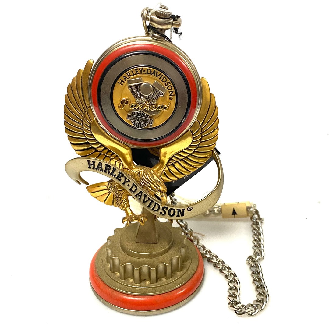 w077 Vintage Franklin Mint Harley-Davidson 1948 Panhead Collector's Pocket Watch & Eagle Stand