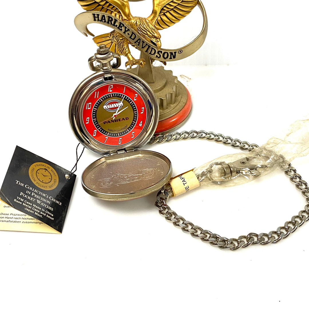 w077 Vintage Franklin Mint Harley-Davidson 1948 Panhead Collector's Pocket Watch & Eagle Stand