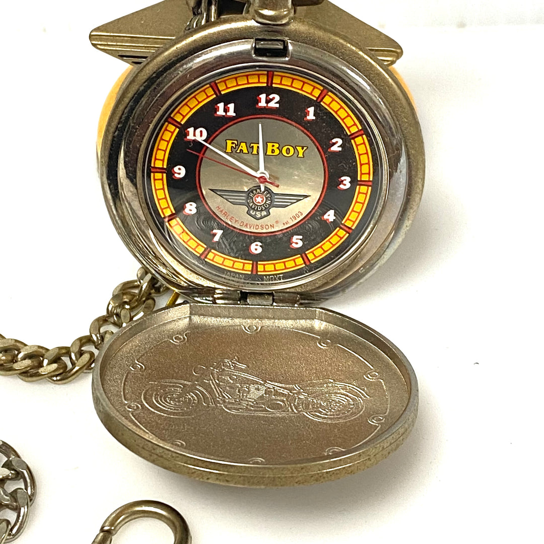 w083 Franklin Mint Harley-Davidson "Fat Boy" Collector's Pocket Watch & Stand