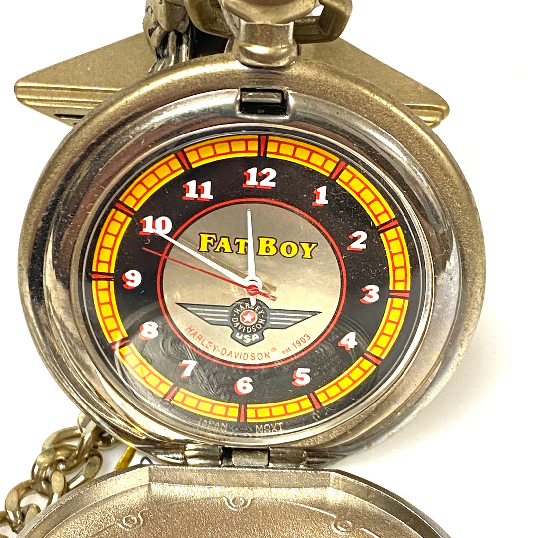 w083 Franklin Mint Harley-Davidson "Fat Boy" Collector's Pocket Watch & Stand