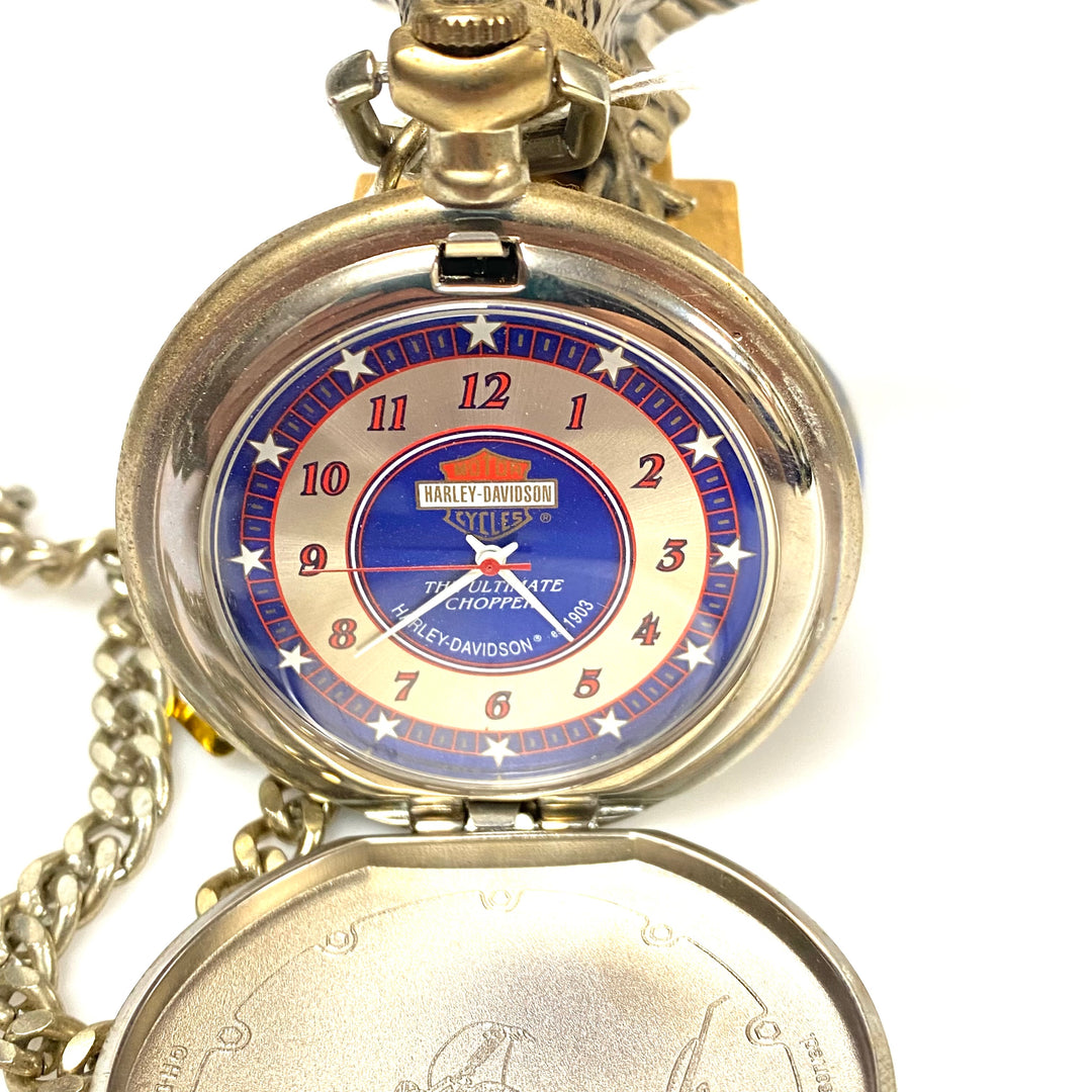 w084 Vintage 1998 Franklin Mint Harley-Davidson "The Ultimate Chopper" Pocket Watch & Eagle Stand