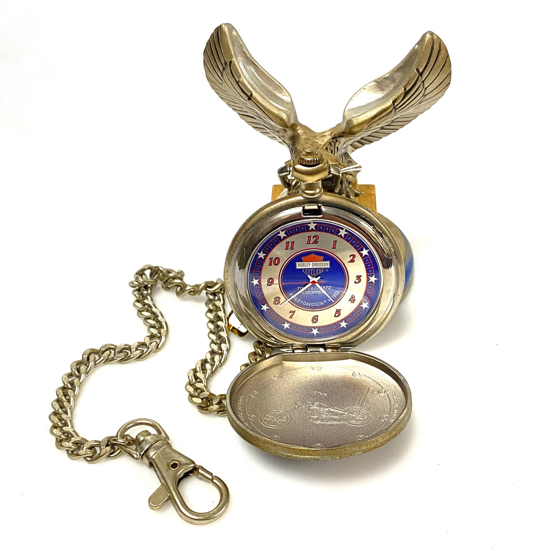 w084 Vintage 1998 Franklin Mint Harley-Davidson "The Ultimate Chopper" Pocket Watch & Eagle Stand