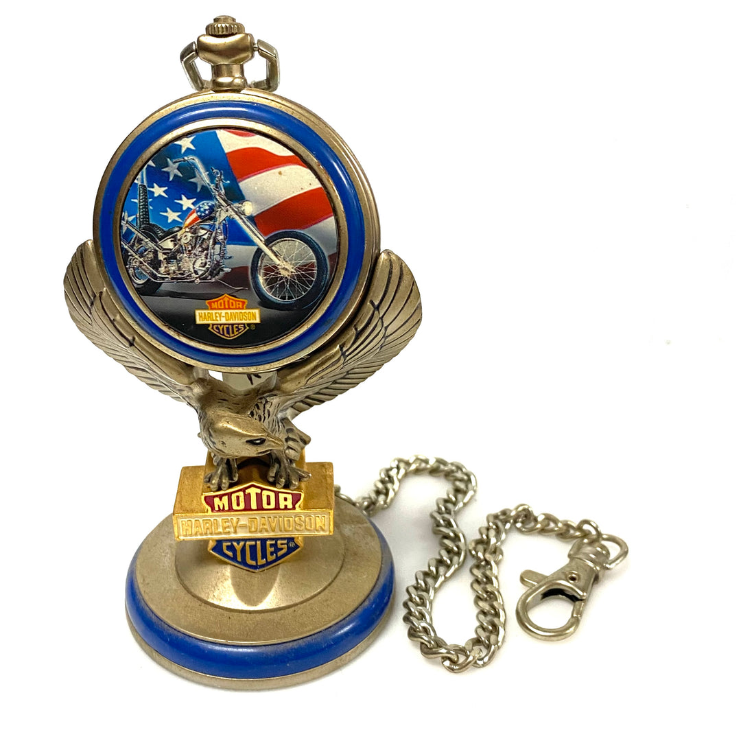 w084 Vintage 1998 Franklin Mint Harley-Davidson "The Ultimate Chopper" Pocket Watch & Eagle Stand