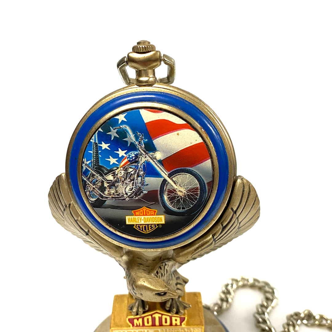 w084 Vintage 1998 Franklin Mint Harley-Davidson "The Ultimate Chopper" Pocket Watch & Eagle Stand