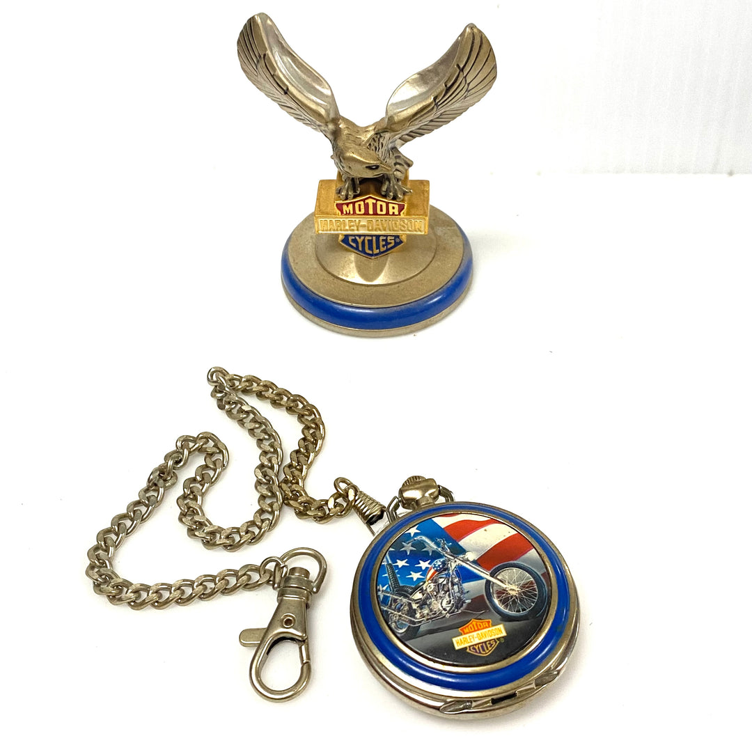 w084 Vintage 1998 Franklin Mint Harley-Davidson "The Ultimate Chopper" Pocket Watch & Eagle Stand