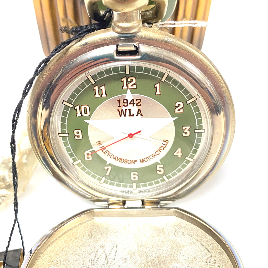 w086 Vintage Franklin Mint Harley-Davidson 1942 WLA Military Pocket Watch & Stand