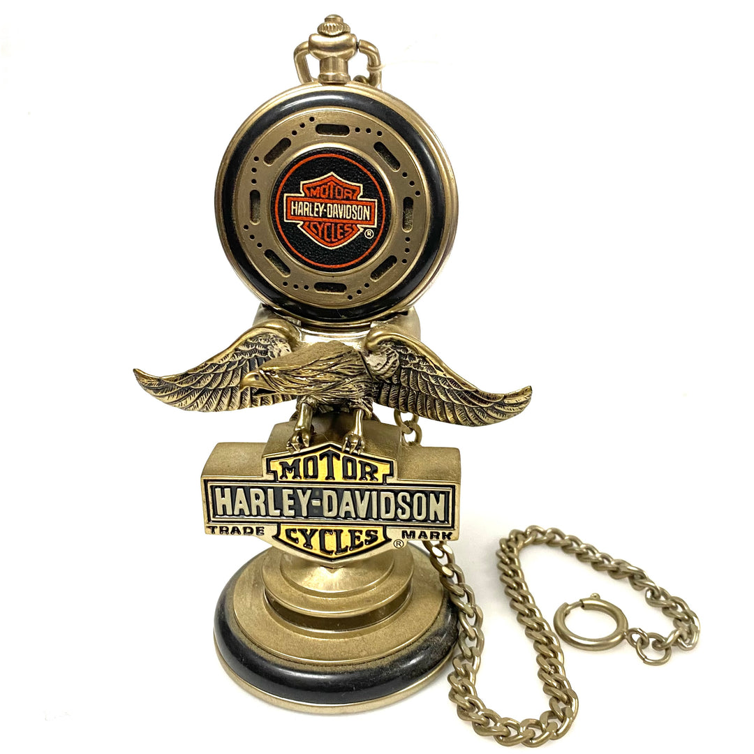 w088 Vintage Franklin Mint Harley-Davidson Collector's Pocket Watch &Eagle Stand