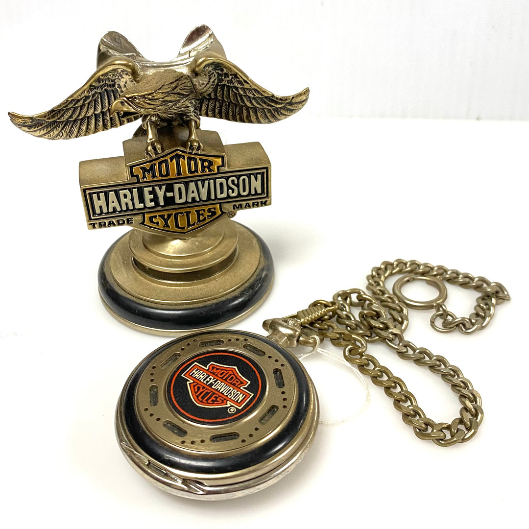 w088 Vintage Franklin Mint Harley-Davidson Collector's Pocket Watch &Eagle Stand