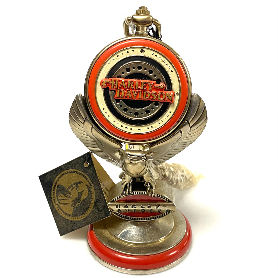 w089 Vintage 1998 Franklin Mint Harley-Davidson Precision Pocket Watch featuring the 1998 FXDWG Dyna Wide Glide & Eagle Stand