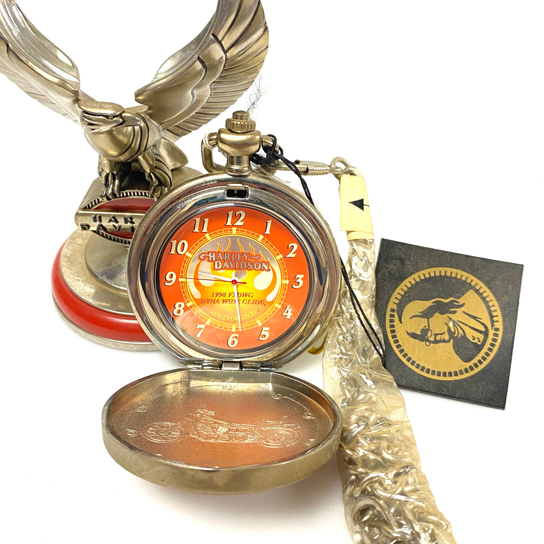 w089 Vintage 1998 Franklin Mint Harley-Davidson Precision Pocket Watch featuring the 1998 FXDWG Dyna Wide Glide & Eagle Stand
