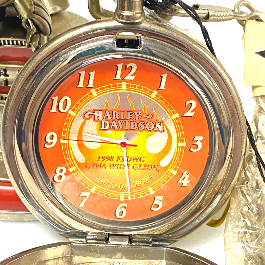 w089 Vintage 1998 Franklin Mint Harley-Davidson Precision Pocket Watch featuring the 1998 FXDWG Dyna Wide Glide & Eagle Stand