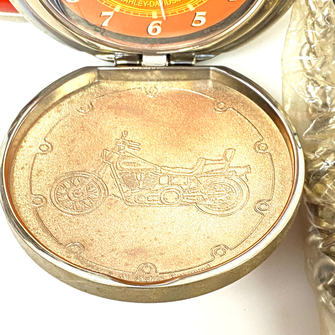 w089 Vintage 1998 Franklin Mint Harley-Davidson Precision Pocket Watch featuring the 1998 FXDWG Dyna Wide Glide & Eagle Stand