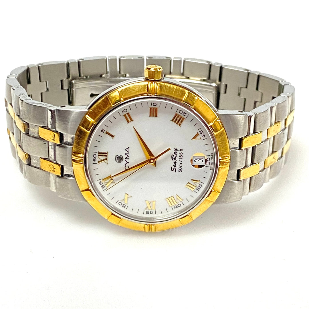 w097 Vintage Cyma SeaRay Le Locle Two-tone Stainless Steel Quartz Wrist Watch