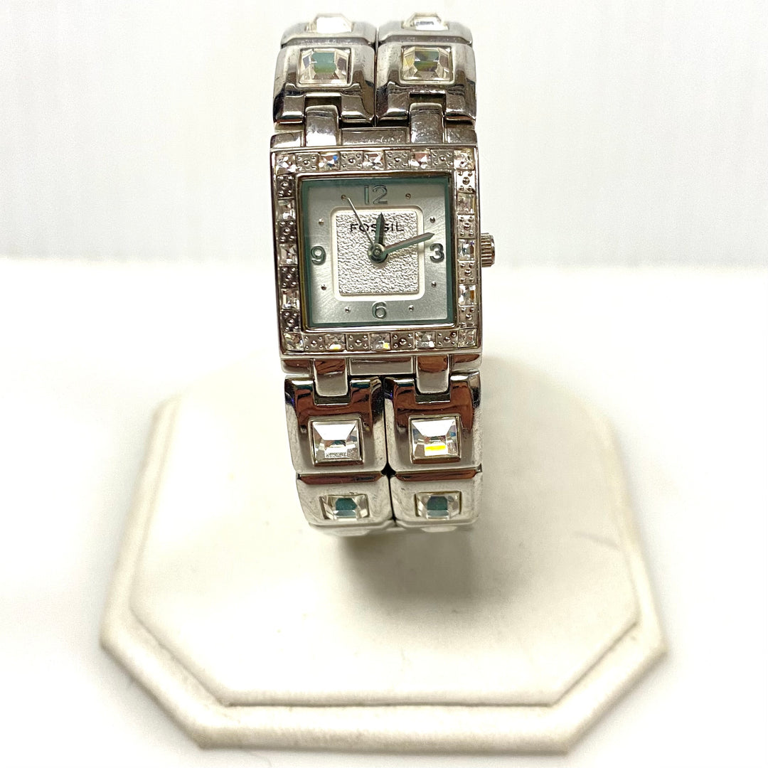 w103 Vintage Fossil F2 ES-1938 Women's Rhinestone Dress Wrist Watch Stainless Steel