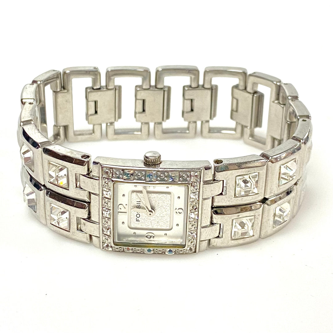 w103 Vintage Fossil F2 ES-1938 Women's Rhinestone Dress Wrist Watch Stainless Steel