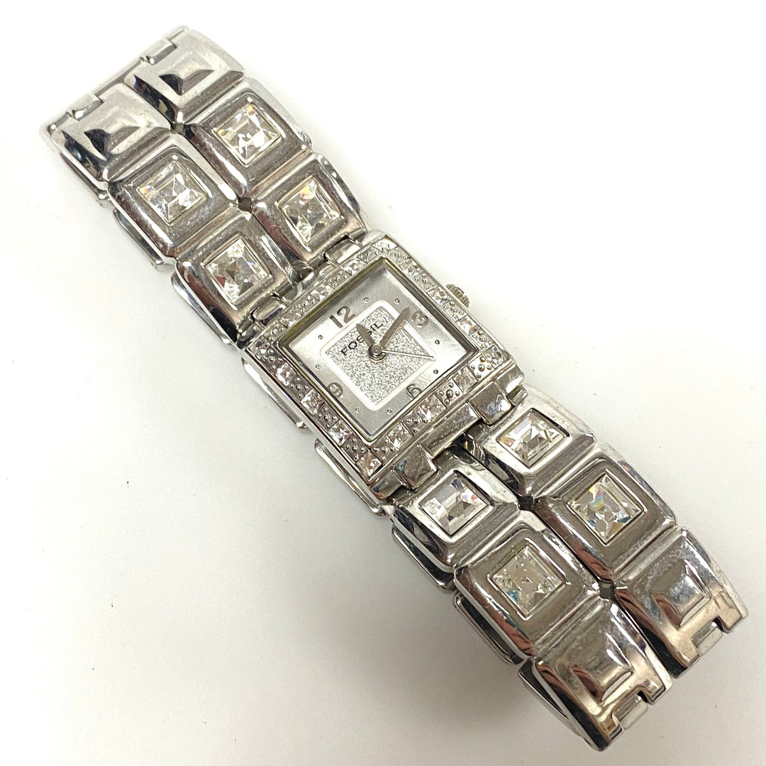 w103 Vintage Fossil F2 ES-1938 Women's Rhinestone Dress Wrist Watch Stainless Steel