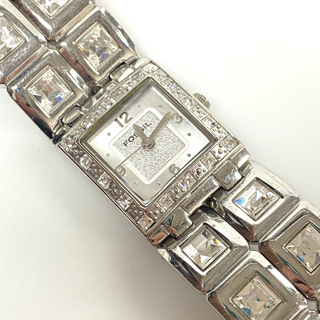 w103 Vintage Fossil F2 ES-1938 Women's Rhinestone Dress Wrist Watch Stainless Steel