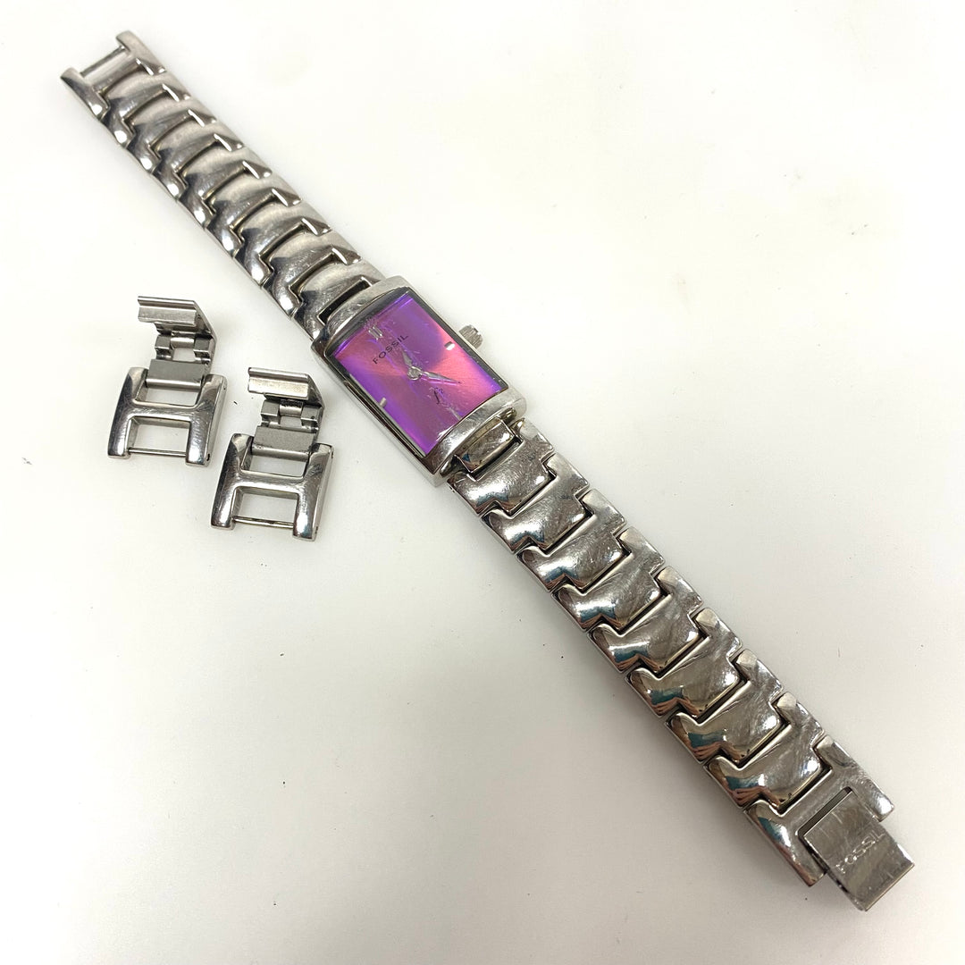 w106 Vintage Fossil F2 Stainless Model ES-9374 Convex Raised Crystal Wrist Watch