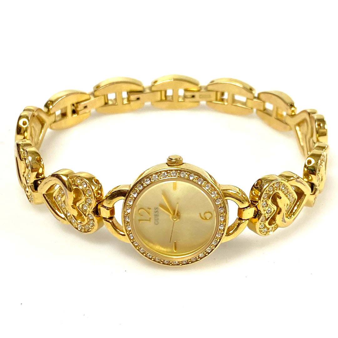 w115 Vintage-style Gold-tone GUESS Women's Jewelry Wrist Watch Heart Links Band