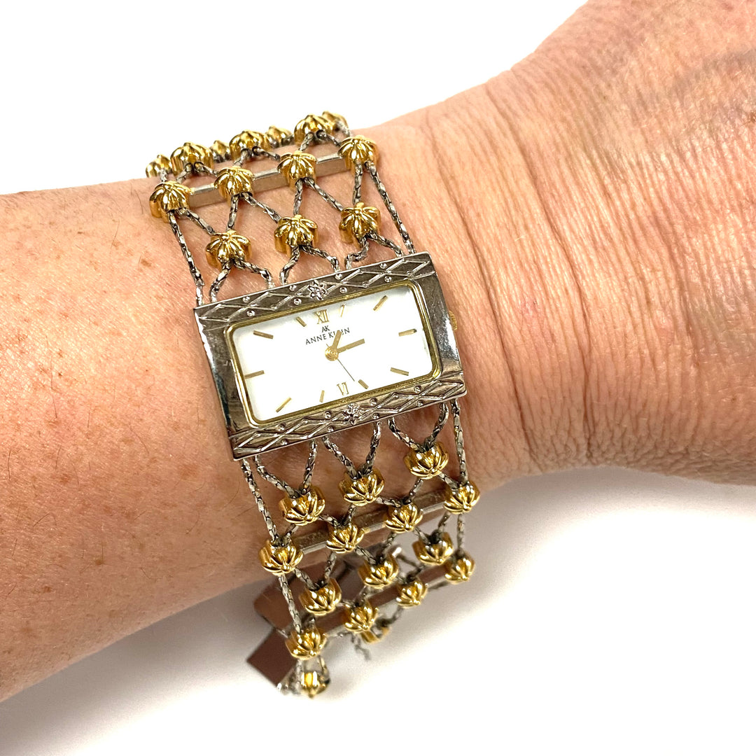 w117 Vintage Two-tone Anne Klein Women's Quartz Web-style Bracelet Wrist Watch