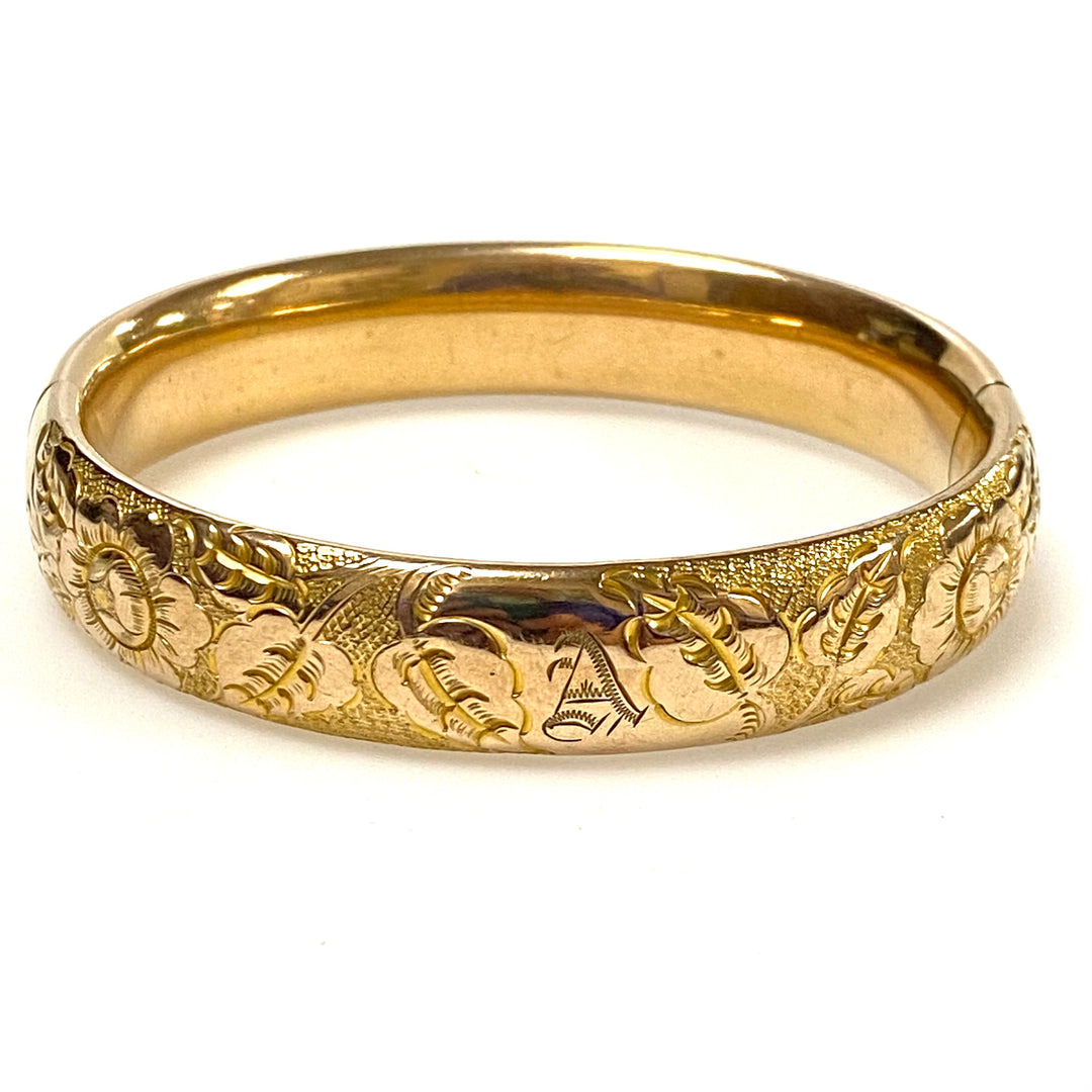 w120 Vintage Gold-filled Hinged Bangle Bracelet Ornate Floral and Foliage Design