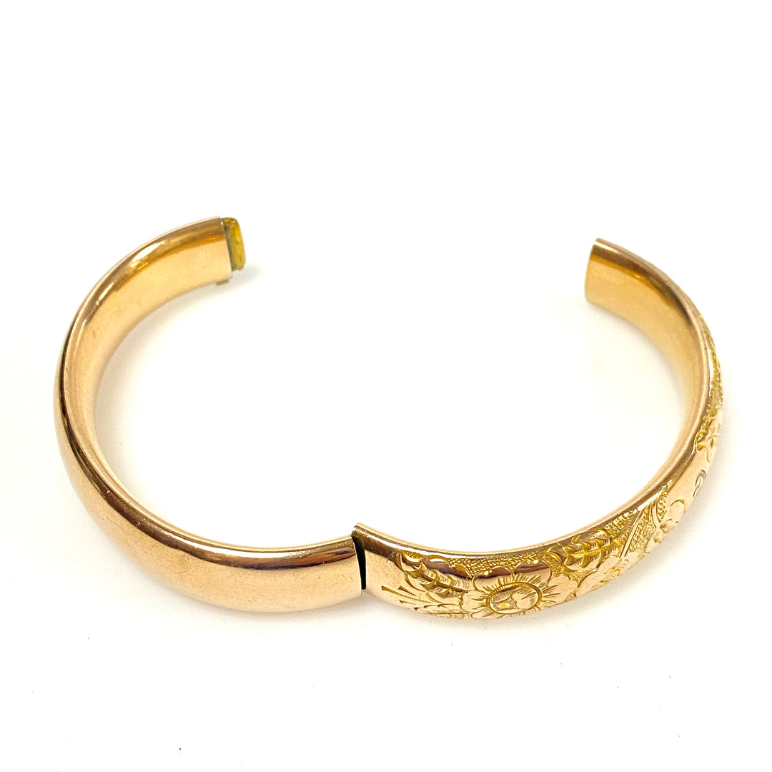 w120 Vintage Gold-filled Hinged Bangle Bracelet Ornate Floral and Foliage Design
