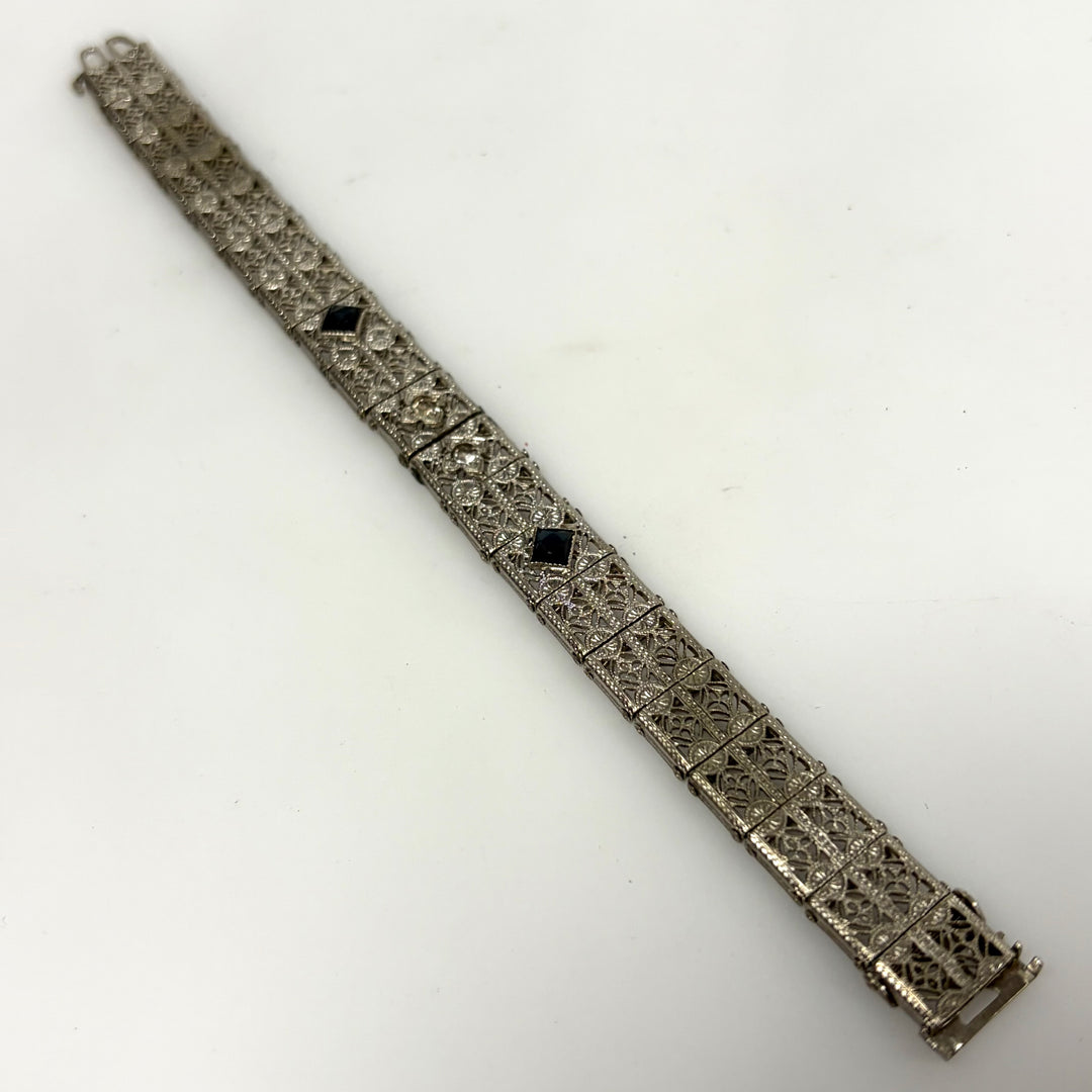 w122 Vintage Art Deco Silver Plated Openwork Filigree Sapphire Panel Bracelet