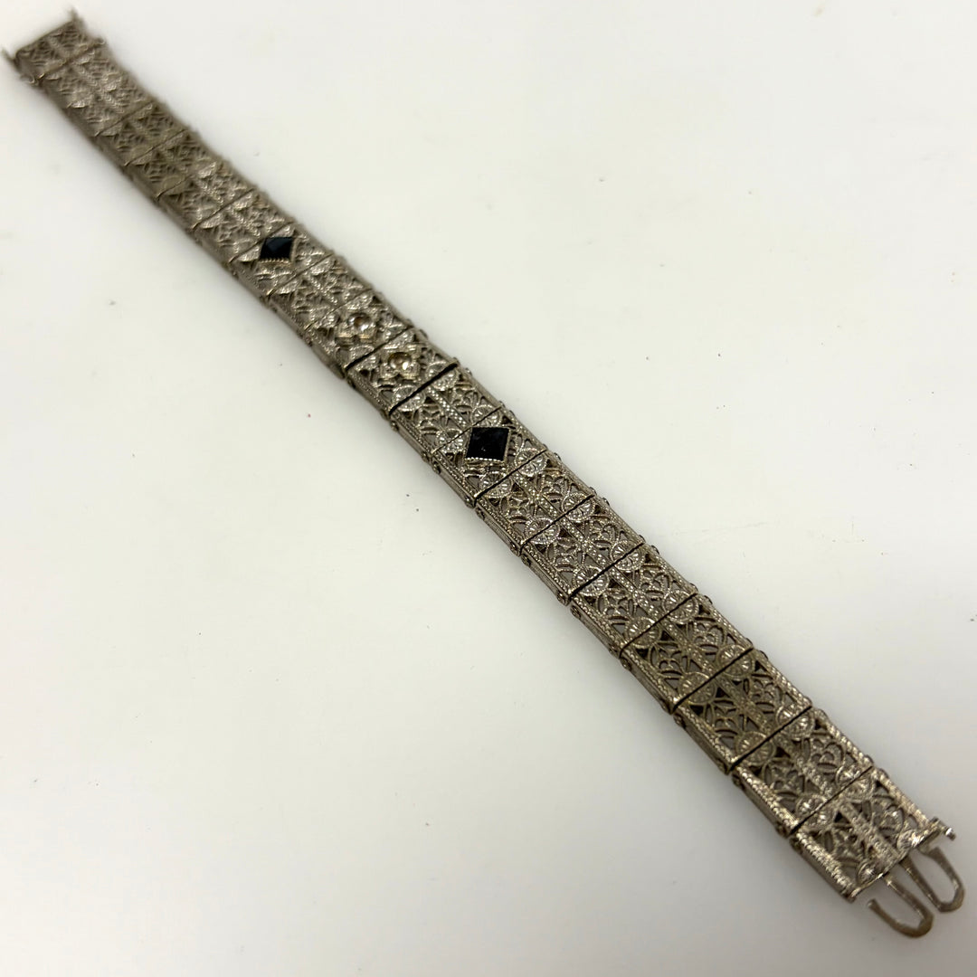 w122 Vintage Art Deco Silver Plated Openwork Filigree Sapphire Panel Bracelet