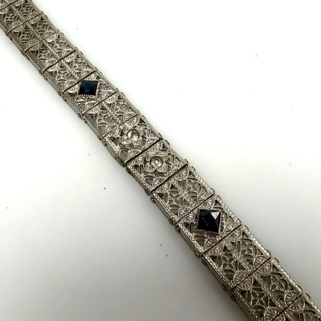 w122 Vintage Art Deco Silver Plated Openwork Filigree Sapphire Panel Bracelet