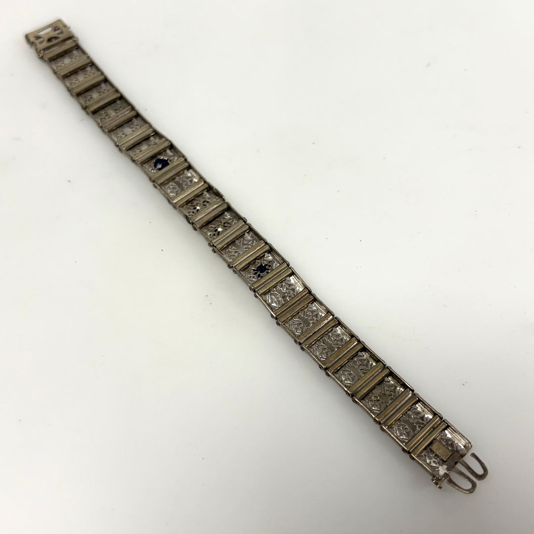 w122 Vintage Art Deco Silver Plated Openwork Filigree Sapphire Panel Bracelet