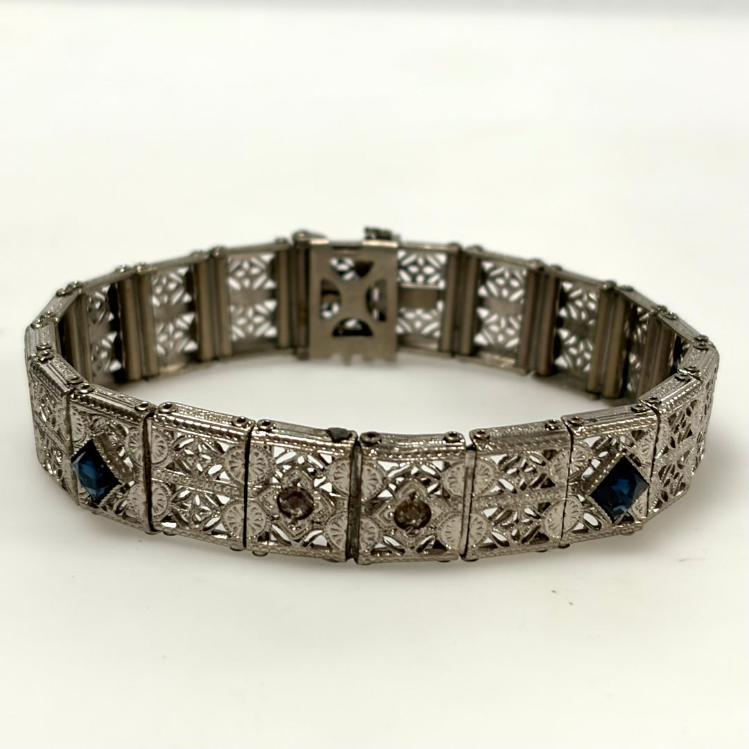 w122 Vintage Art Deco Silver Plated Openwork Filigree Sapphire Panel Bracelet
