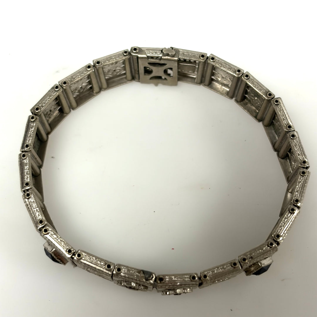 w122 Vintage Art Deco Silver Plated Openwork Filigree Sapphire Panel Bracelet