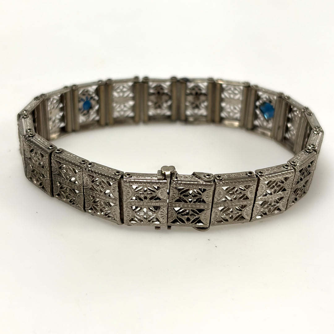 w122 Vintage Art Deco Silver Plated Openwork Filigree Sapphire Panel Bracelet