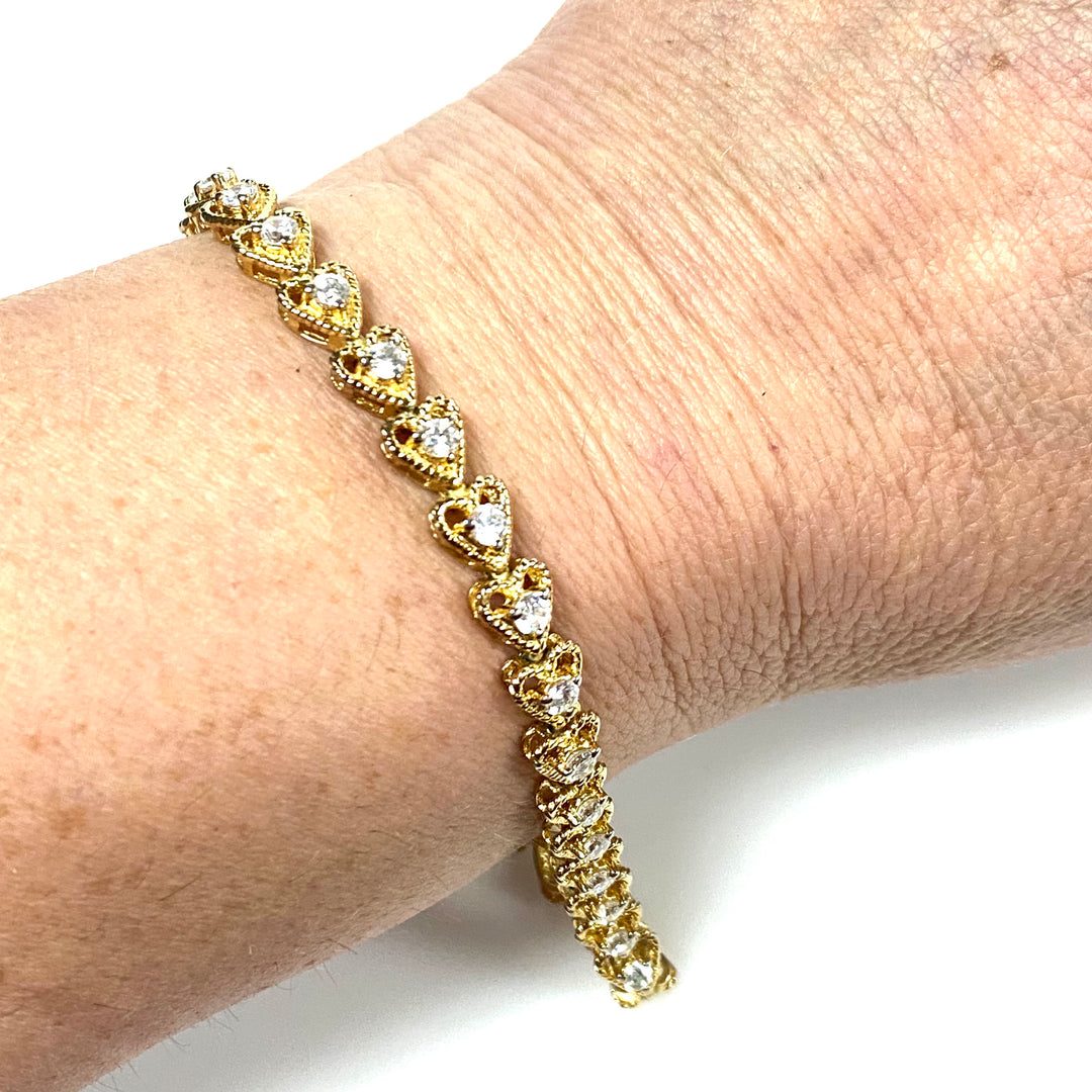 w123 Vintage Yellow Gold-plated Heart-linked Tennis Bracelet Clear Stones 7.25"