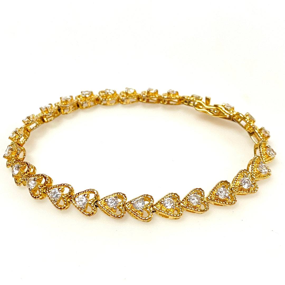 w123 Vintage Yellow Gold-plated Heart-linked Tennis Bracelet Clear Stones 7.25"