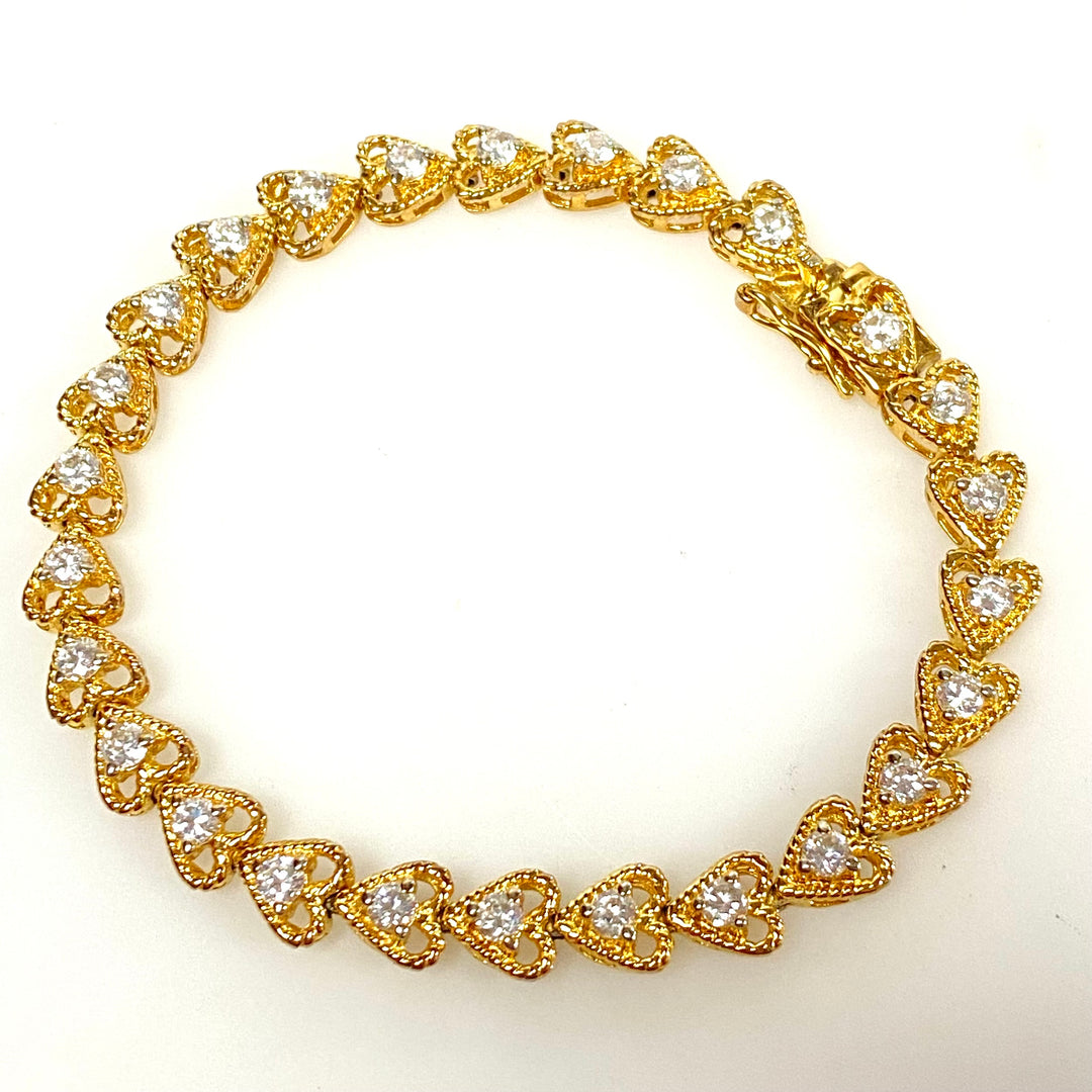w123 Vintage Yellow Gold-plated Heart-linked Tennis Bracelet Clear Stones 7.25"