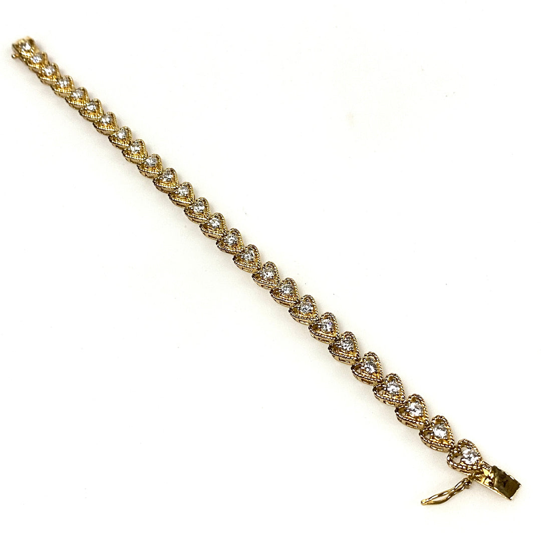 w123 Vintage Yellow Gold-plated Heart-linked Tennis Bracelet Clear Stones 7.25"