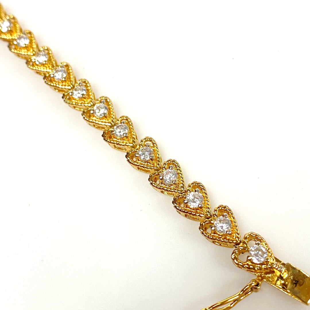 w123 Vintage Yellow Gold-plated Heart-linked Tennis Bracelet Clear Stones 7.25"