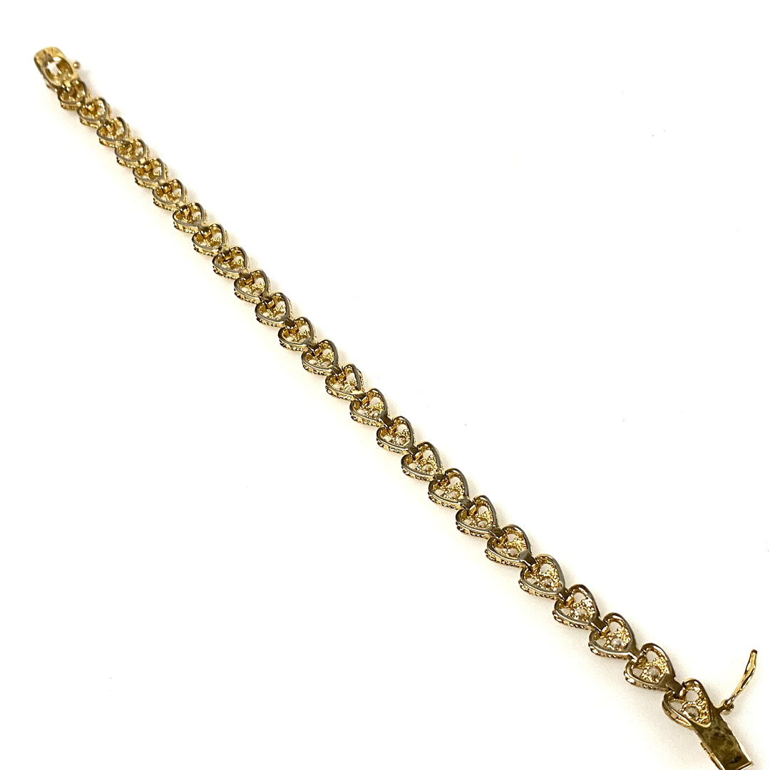 w123 Vintage Yellow Gold-plated Heart-linked Tennis Bracelet Clear Stones 7.25"