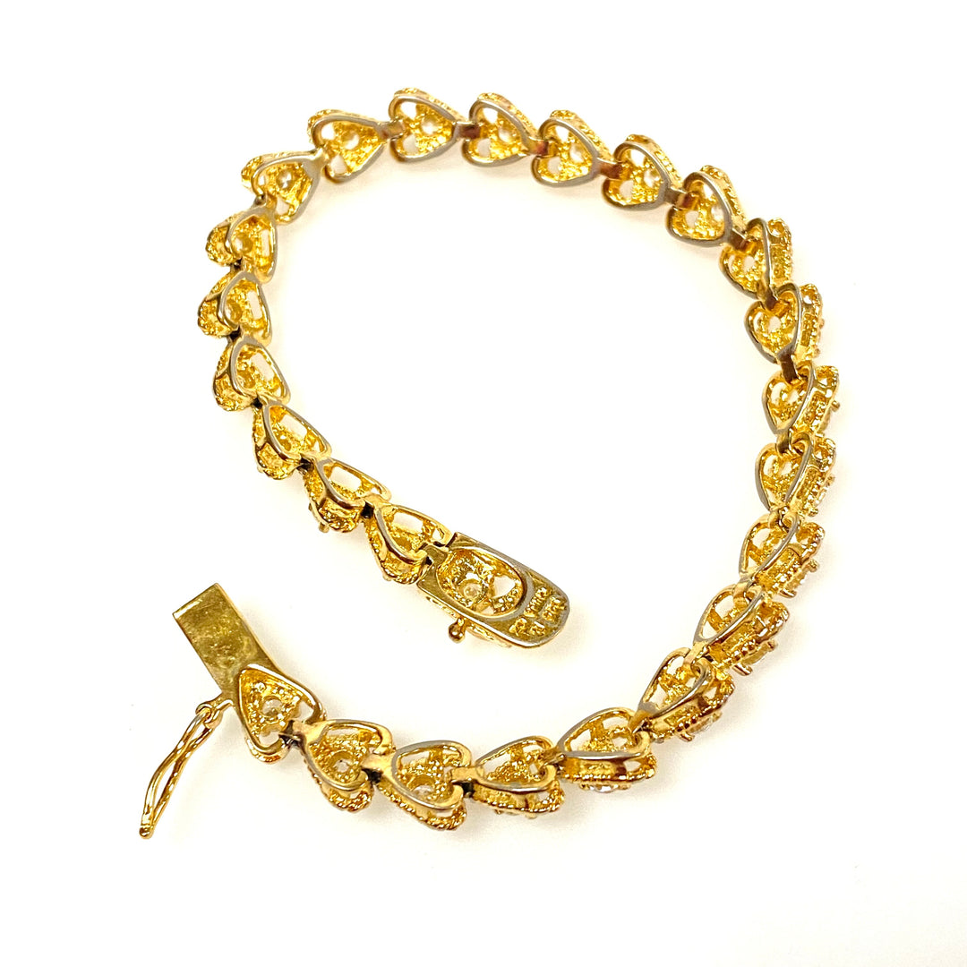 w123 Vintage Yellow Gold-plated Heart-linked Tennis Bracelet Clear Stones 7.25"