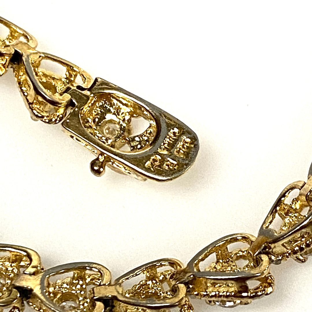 w123 Vintage Yellow Gold-plated Heart-linked Tennis Bracelet Clear Stones 7.25"