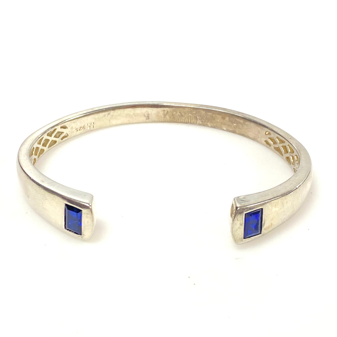 w125 Vintage 925 Sterling Silver Open Cuff Bracelet 2 Rectangular Blue Gemstones