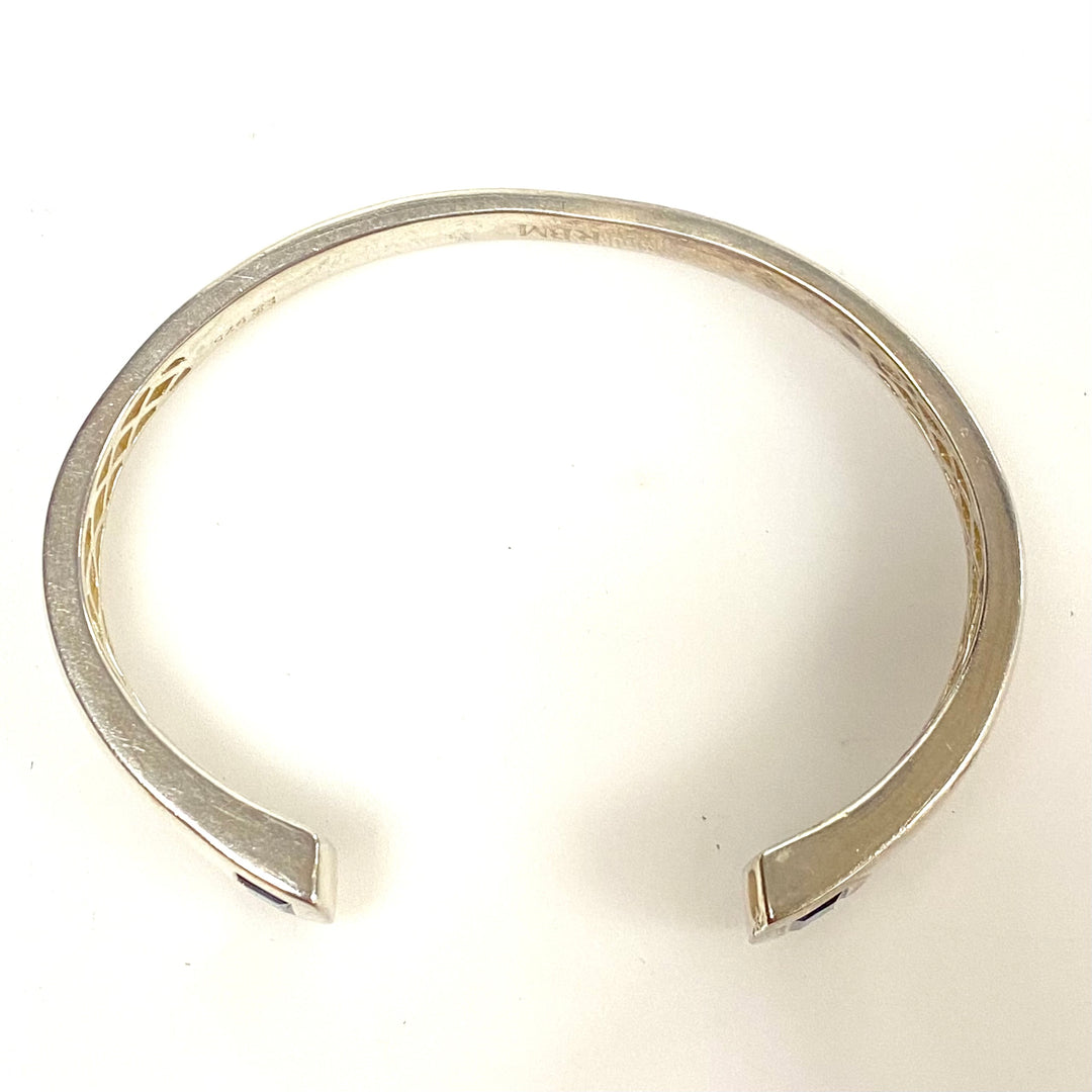 w125 Vintage 925 Sterling Silver Open Cuff Bracelet 2 Rectangular Blue Gemstones