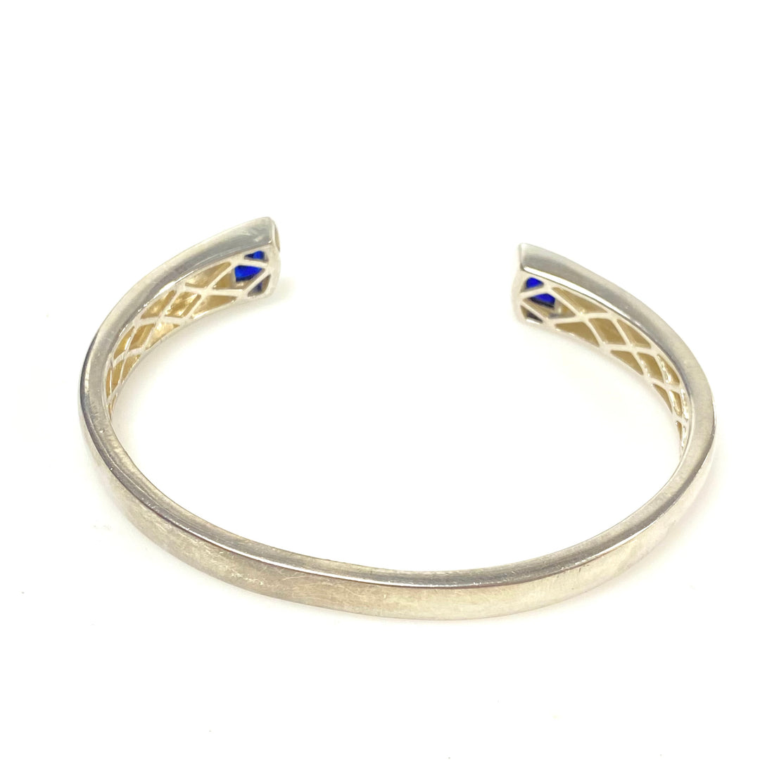 w125 Vintage 925 Sterling Silver Open Cuff Bracelet 2 Rectangular Blue Gemstones