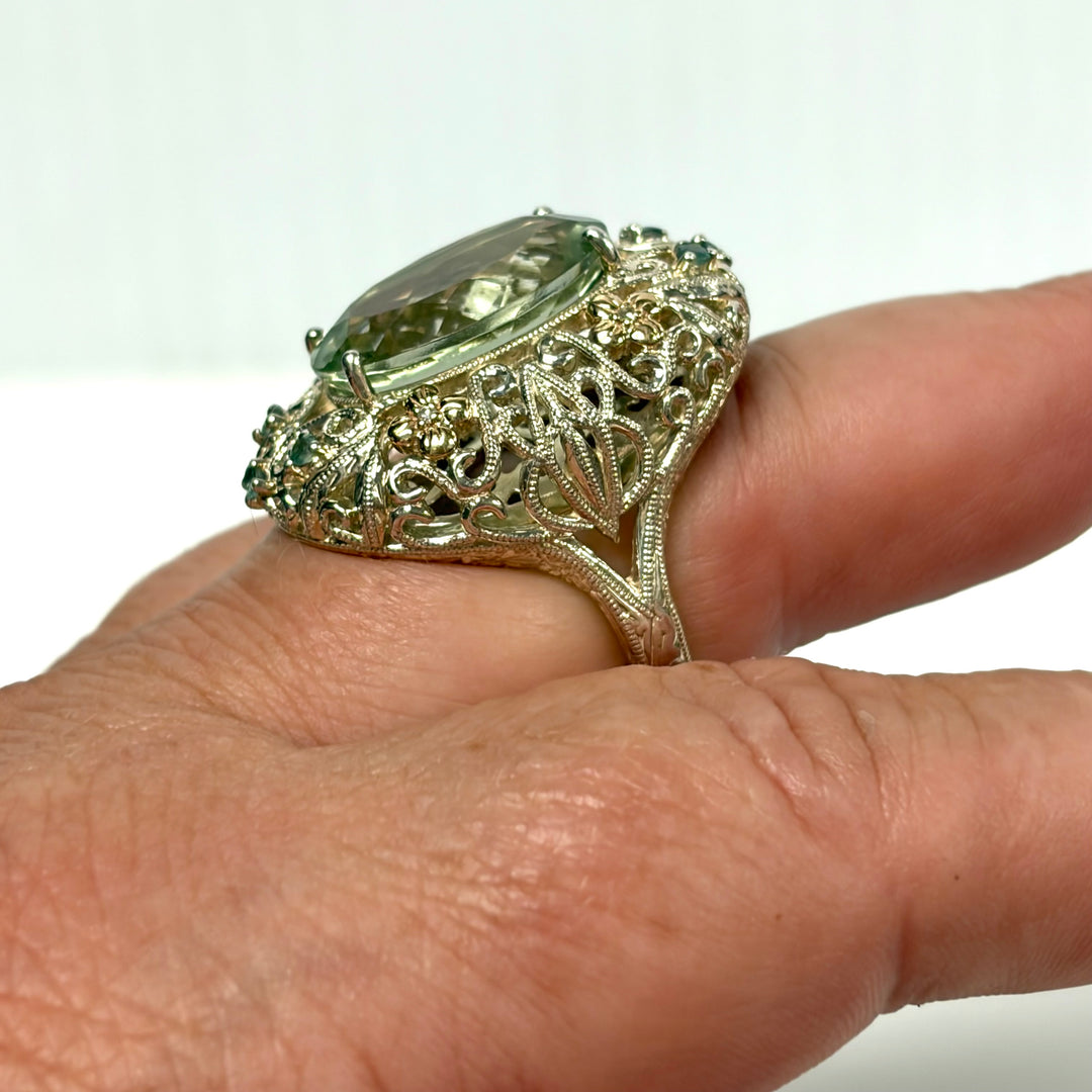 w126 Vintage-style Weinman Brothers Green Amethyst (Prasiolite) Cocktail Ring Sz 8 Sterling Silver 14k Yellow Gold