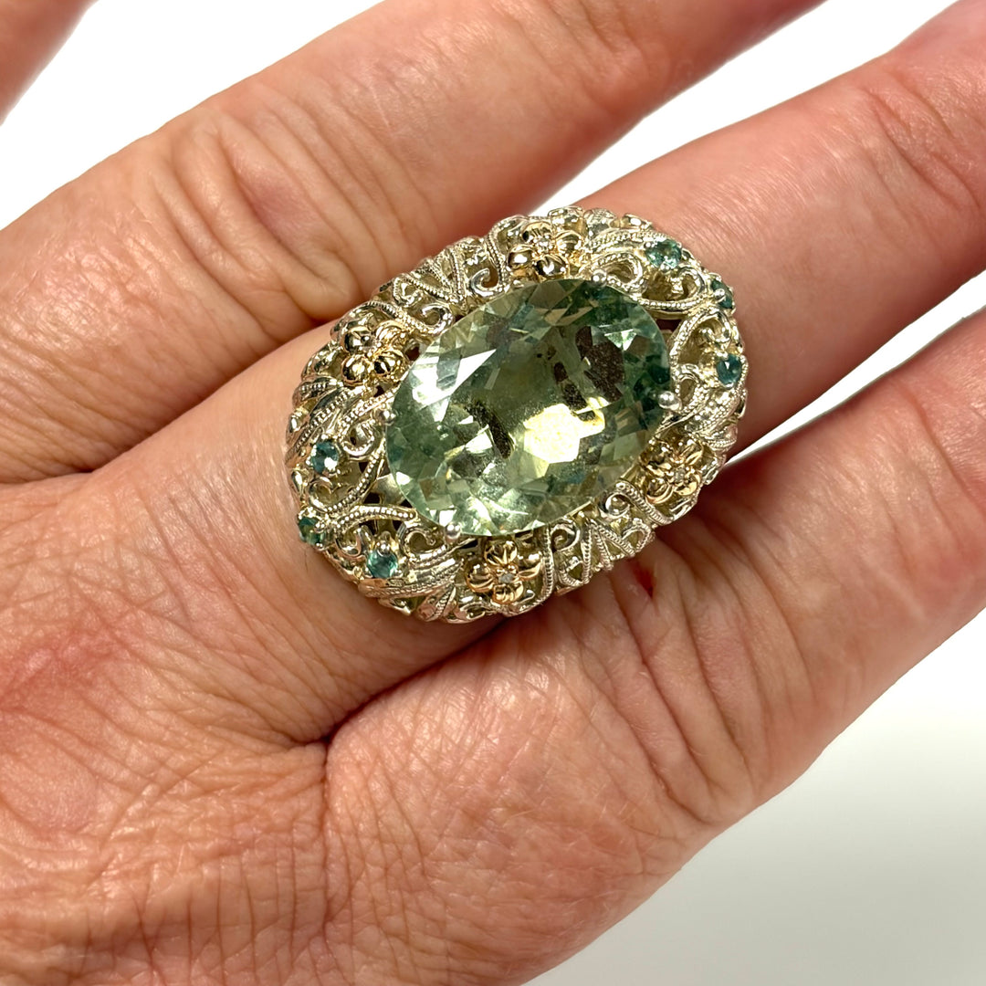 w126 Vintage-style Weinman Brothers Green Amethyst (Prasiolite) Cocktail Ring Sz 8 Sterling Silver 14k Yellow Gold